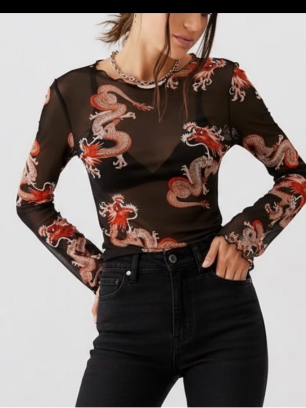 Sheer Black Dragon Print Long-Sleeve Top size large, Y2K tops